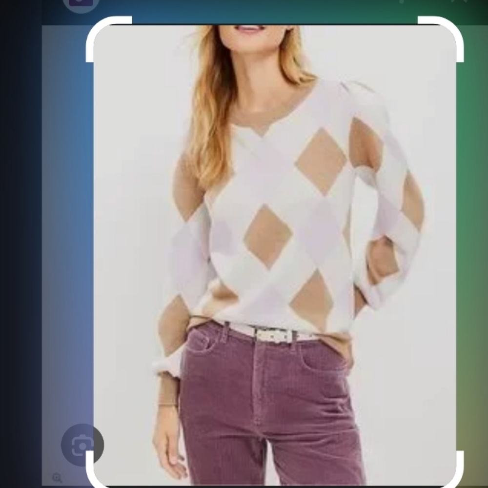 LOFT Women's Argyle Sweater - Cream, Tan, and Purple